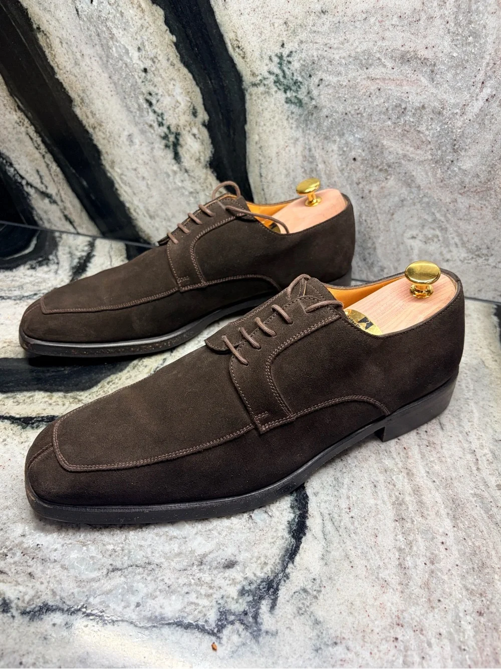 Barrett Brown Suede Apron Toe Derby Shoes Italy Mens 9.5 Handmade Luxury